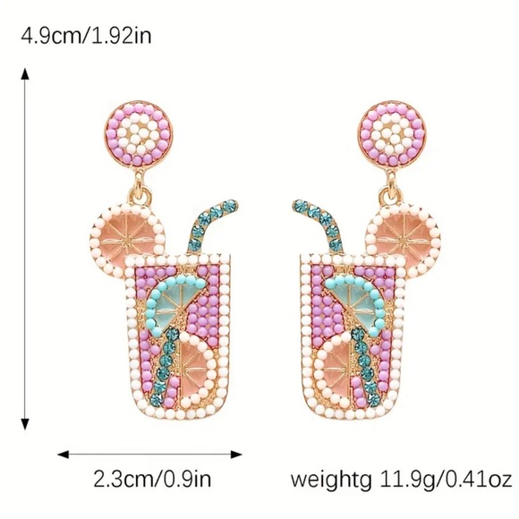 Rose Red Summer Tropical Drink Beaded Dangle Earrings - Picture 3 of 3